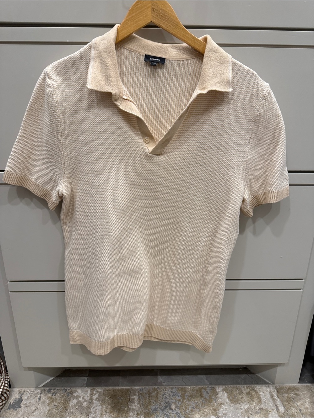 Express Neutral Cream Short Sleeve Knit Polo Top